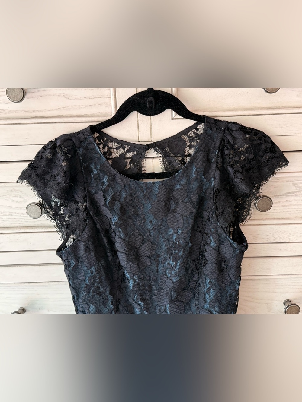 NWT BCBG Open Back BCBGeneration Black
Lace w/ blue underlay Cap-Sleeve Dress - Picture 3 of 5